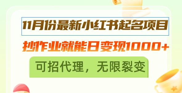 11月份最新小红书起名项目，抄作业就能日变现1000+，可招代理，无限裂变 - 中创网
