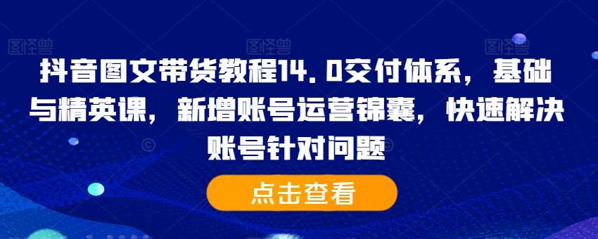 抖音图文带货教程14.0交付体系，基础与精英课，新增账号运营锦囊，快速解决账号针对问题 - 冒泡网赚