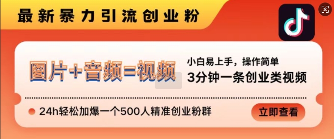 抖音最新暴力引流创业粉，3分钟一条创业类视频，24h轻松加爆一个500人精准创业粉群 - 冒泡网赚