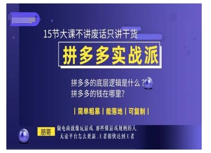 朋哥电商(拼多多实战派)，15节大课不讲废话只讲干货，简单粗暴 能落地 可复制 - 冒泡网赚