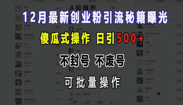 12月最新创业粉引流秘籍曝光 傻瓜式操作 日引500+ 不封号 不废号 可批量操作 - 冒泡网赚