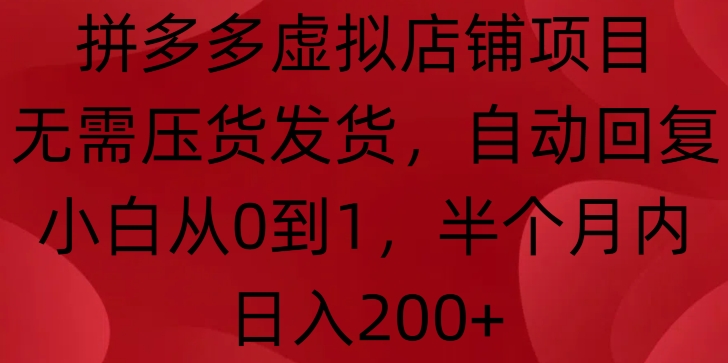 拼多多虚拟店铺项目，无需压货发货，自动回复，小白从0到1，半个月内日入200+ - 冒泡网赚
