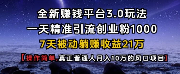 全新赚钱平台3.0玩法一天精准引流创业粉1000.7天被动躺Z收益21W【仅揭秘】 - 冒泡网赚