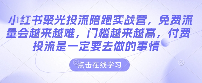 小红书聚光投流陪跑实战营，免费流量会越来越难，门槛越来越高，付费投流是一定要去做的事情 - 冒泡网赚