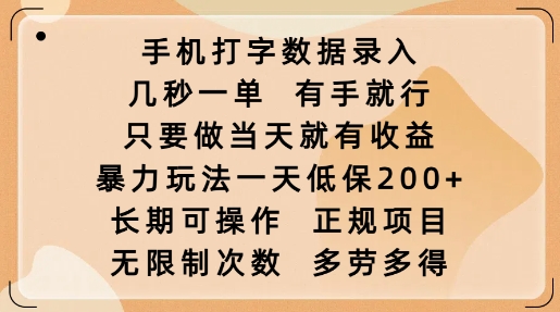 手机打字数据录入，几秒一单，有手就行，只要做当天就有收益，暴力玩法一天低保2张 - 冒泡网赚