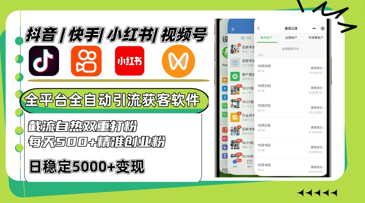 抖音快手小红书视频号全平台全自动引流获客系统，截流自热双重打粉，每天500+精准粉 - 福缘创业网