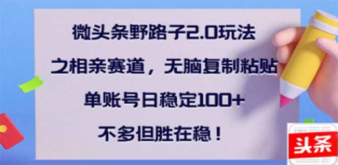 微头条野路子2.0玩法之相亲赛道，无脑搬砖复制粘贴，单账号日稳定300+... - 中创网