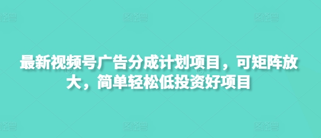 最新视频号广告分成计划项目，可矩阵放大，简单轻松低投资好项目 - 冒泡网赚