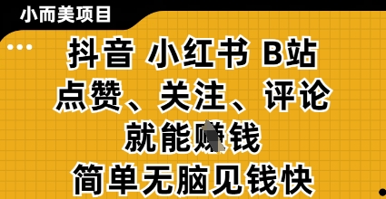 小而美的项目，抖音小红书B站视频点赞、关注、评论就能挣钱，简单无脑立见收益，妥妥的零撸项目 - 冒泡网赚