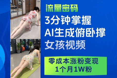 3分钟掌握AI生成俯卧撑女孩视频，零成本涨粉变现，1个月1W粉 - 冒泡网赚
