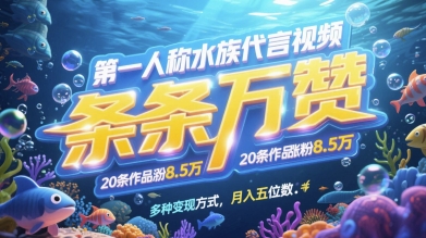 第一人称水族代言视频，条条万赞，20条作品涨粉7.8W，多种变现方式月入五位数 - 冒泡网赚