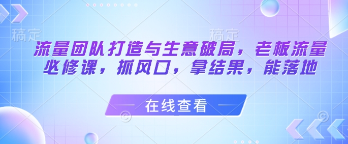 流量团队打造与生意破局，老板流量必修课，抓风口，拿结果，能落地 - 冒泡网赚