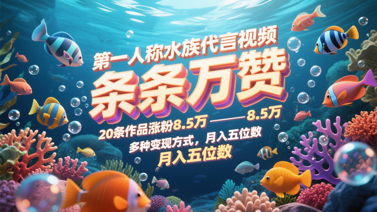 第一人称水族代言视频，条条万赞，20条作品涨粉8.5万，多种变现方式月，入五位数 - 福缘创业网