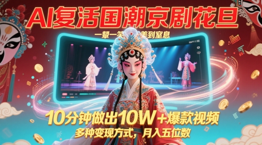 AI复活国潮京剧花旦，一颦一笑美到窒息，10分钟做出10W+爆款视频，多种变现方式，月入五位数 - 冒泡网赚