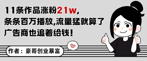 11条作品涨粉21W，条条百W播放，流量猛就算了，广告商也追着给钱 - 冒泡网赚