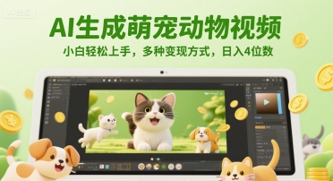 AI生成萌宠动物视频，小白轻松上手，多种变现方式，日入4位数 - 冒泡网赚