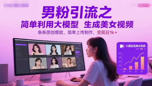 男粉引流之简单利用大模型生成美女视频，条条原创爆款，简单上传制作，变现日1k+ - 冒泡网赚