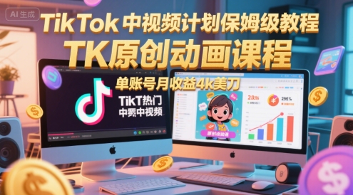 TikTok中视频计划保姆级教程，TK原创动画课程，单账号月收益4k美刀 - 冒泡网赚