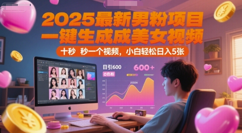 2025最新男粉项目，一键生成美女视频，日引600+色粉 十秒一个视频，小白轻松日入5张 - 冒泡网赚