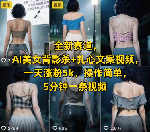 全新赛道，AI美女背影杀+扎心文案视频，一天涨粉5k，操作简单，5分钟一条视频 - 冒泡网赚