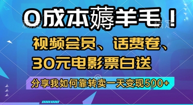 0成本薅羊毛!视频会员、话费卷、30元电影票白送，分享我如何靠转卖一天变现5张+ - 冒泡网赚