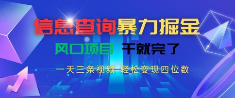 信息查询暴力掘金，一天三条视频，轻松变现四位数，风口项目干就完了 - 冒泡网赚