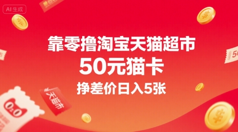 靠零撸淘宝天猫超市50元猫卡，挣差价日入5张 - 冒泡网赚