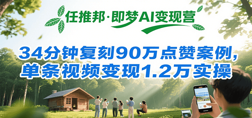 任推邦·即梦AI变现营，34分钟复刻90万点赞案例，单条视频变现1.2万实操 - 福缘创业网