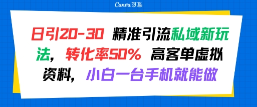 日引 20-30 精准引流私域新玩法，转化率50% 高客单虚拟资料，小白一台手机就能做 - 冒泡网赚