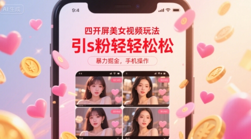 四开屏美女视频玩法，引s粉轻轻松松，暴力掘金，手机操作 - 冒泡网赚