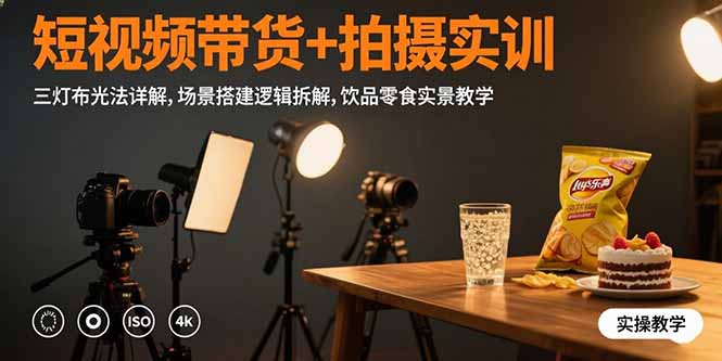 短视频带货+拍摄实训:三灯布光法详解,场景搭建逻辑拆解,饮品零食实景教学-紫橙网创项目网