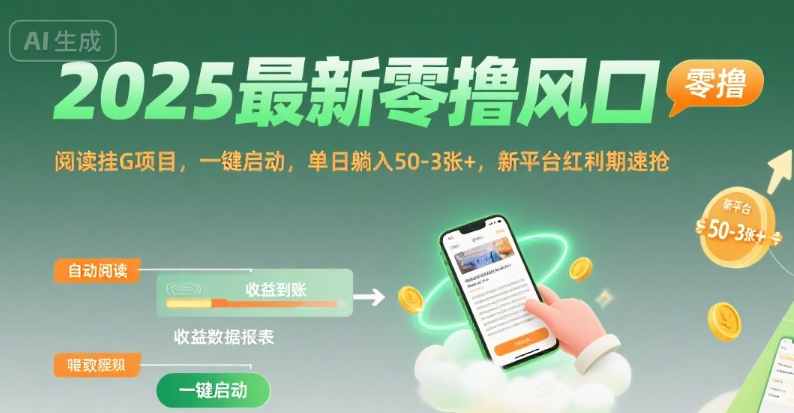 2025最新零撸风口，阅读挂G项目，一键启动，单日躺入 50-3张+，新平台红利期速抢 - 冒泡网赚