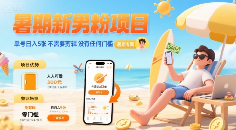 暑期新男粉项目 单号日入5张 不需要剪辑  没有任何门槛 - 冒泡网赚
