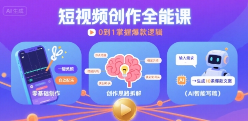 短视频创作课，短视频制作、创作思路、Ai写爆款文案 - 冒泡网赚