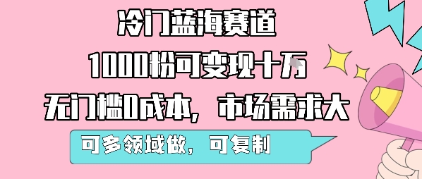 冷门蓝海赛道，1000粉可变现十W，无门槛0成本，市场需求大，可多领域做，可复制性强 - 冒泡网赚