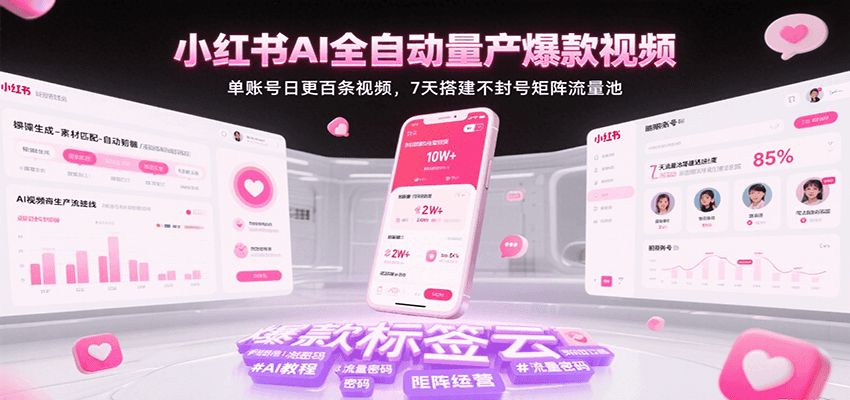 小红书AI全自动量产爆款视频,单账号日更百条视频,7天搭建不封号矩阵流量池-紫橙网创项目网