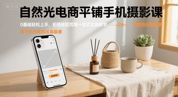 自然光电商平铺手机摄影课，0基础轻松上手，拍摄修图剪辑一站式实操教学，用手机也能拍出高级感 - 冒泡网赚