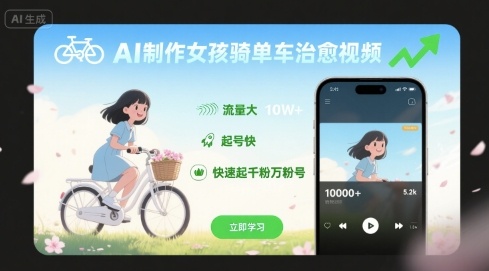 AI制作女孩骑单车治愈视频，流量大，起号快，快速起千粉万粉号 - 冒泡网赚