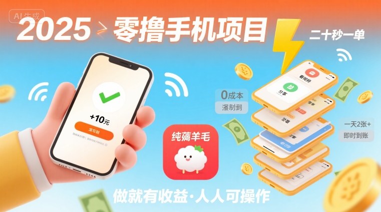 2025年零撸手机项目，二十秒一单，纯薅羊毛 一天2张+做就有 - 冒泡网赚