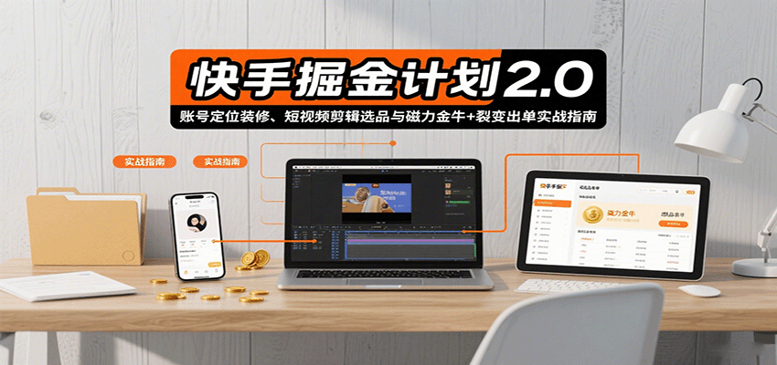 快手掘金计划2.0,账号定位装修、短视频剪辑选品与磁力金牛+裂变出单实战指南-紫橙网创项目网