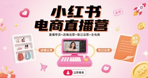 小红书电商直播营，直播带货+店铺运营+笔记运营=全电商 - 冒泡网赚