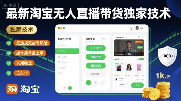 最新淘宝无人直播带货独家技术，无违规无封号风险，操作简单易上手，长期稳定日入1k - 冒泡网赚