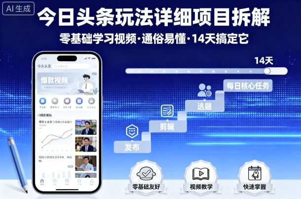今日头条玩法详细项目拆解，零基础学习视频 通俗易懂 14天搞定它 - 冒泡网赚