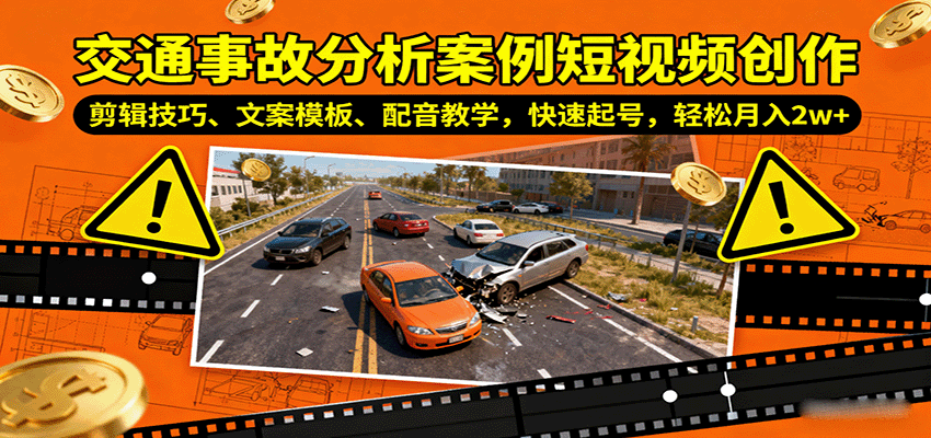 交通事故分析案例短视频创作，剪辑技巧、文案模板、配音教学，快速起号，轻松月入2w+ - 福缘创业网