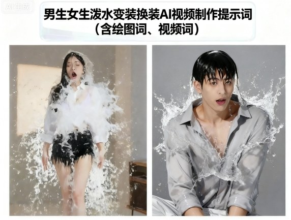 男生女生泼水变装换装AI视频制作提示词(含绘图词、视频词)-紫橙网创项目网