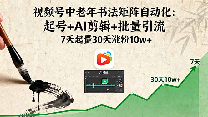 视频号中老年书法矩阵自动化:起号+AI剪辑+批量引流 7天起量30天涨粉10w+-紫橙网创项目网