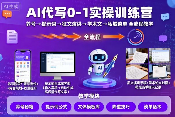 AI代写0-1实操训练营，从养号、提示词、征文演讲、学术文，到私域谈单的全流程教学 - 冒泡网赚