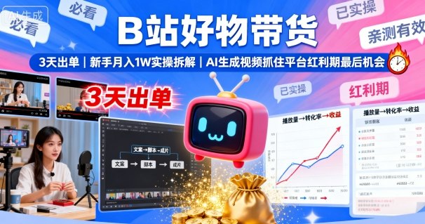 B站好物带货，3天出单，新手月入1W实操拆解，AI生成视频，抓住平台红利期最后机会 - 冒泡网赚