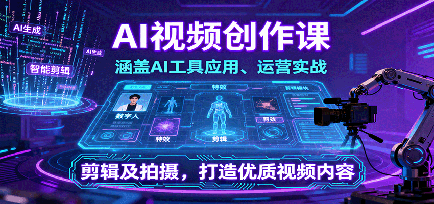 AI视频创作课，涵盖AI工具应用、运营实战、剪辑及拍摄，打造优质视频内容 - 福缘创业网