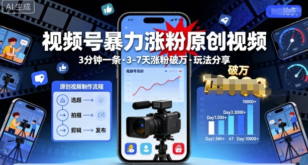 视频号暴力涨粉原创视频，3分钟一条原创视频，3-7天涨粉破万，玩法分享给你 - 冒泡网赚
